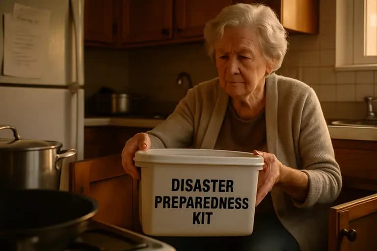 Family emergency kit with flashlight, water, radio, and phone charger