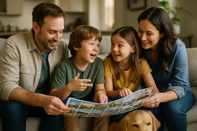 A family checks a printed sports calendar beside a school backpack