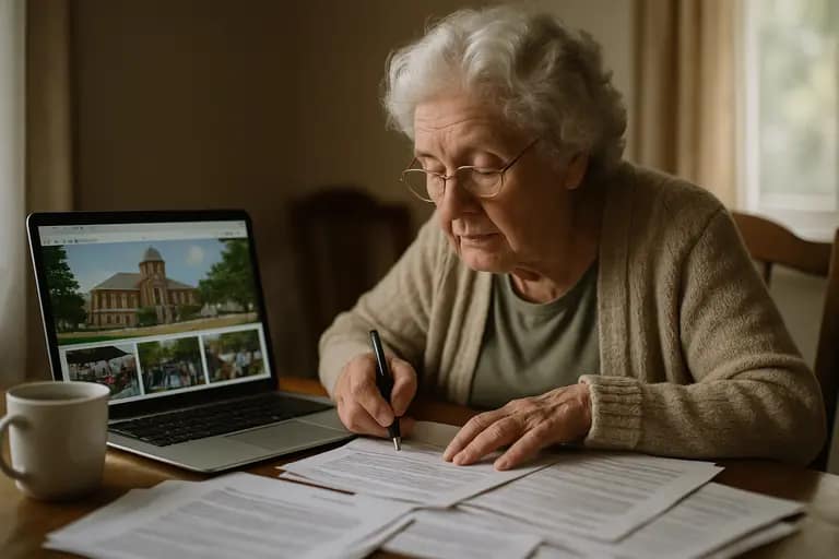 Resident reviewing public meeting documents at a table