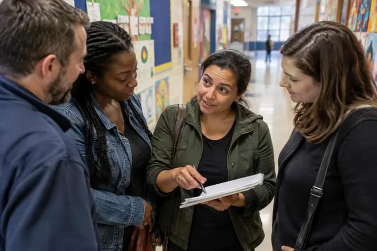 Parent reviewing printed school meeting materials