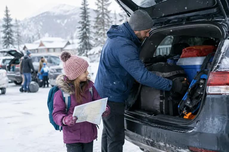 Vehicle emergency kit with water, flashlight, gloves, and a small shovel