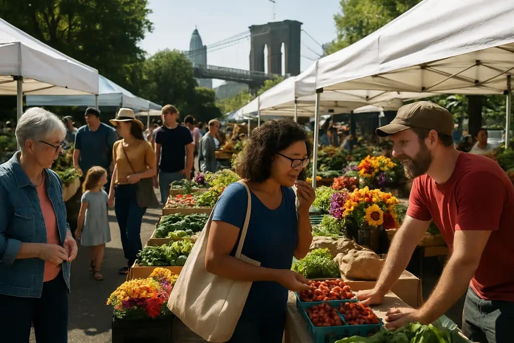 Brooklyn Park Farmers Market shoppers browsing produce at an outdoor booth