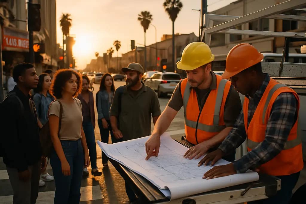 Capital Infrastructure Program work zone on a Los Angeles street near sidewalks and public buildings