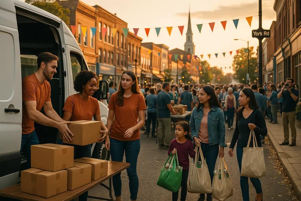 Hatboro Food Drive gathering along York Road with families and parked cars