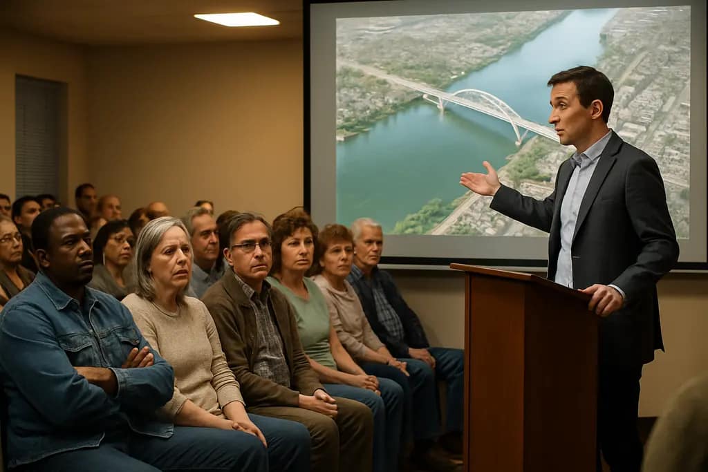 Residents review Southern Connector Bridge meeting materials in Brookhaven