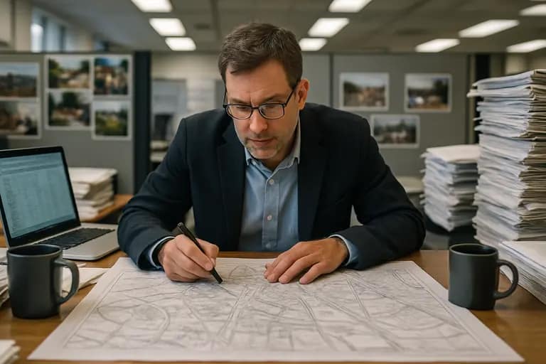 Engineering documents and roadway maps spread across a conference table
