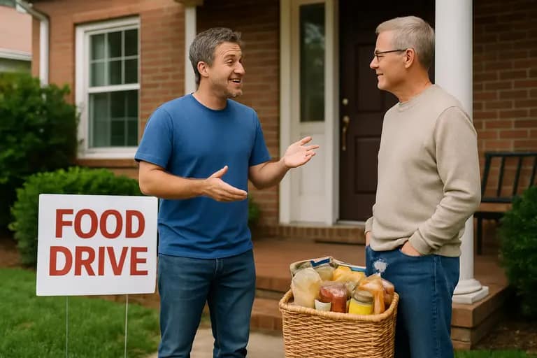 Family carrying a grocery bag toward a donation table