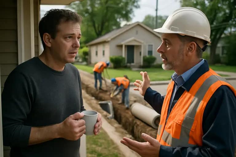 Neighbors walking near a posted street construction area