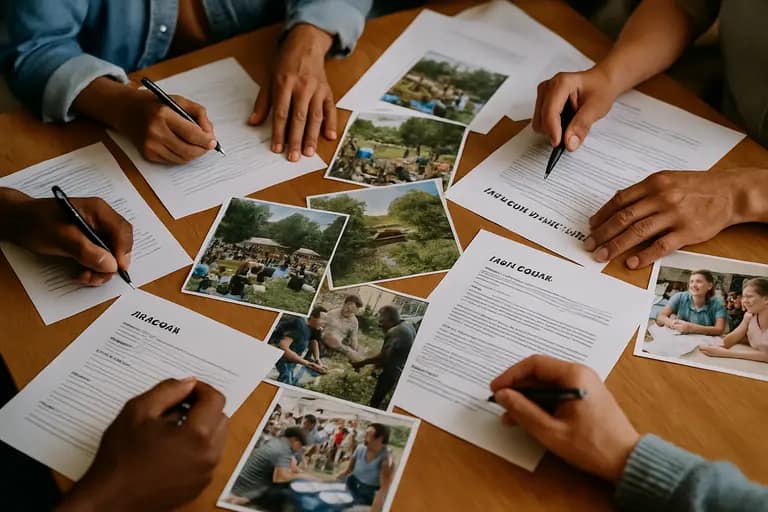 Printed agenda pages on a table before a county public meeting
