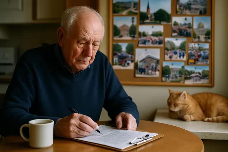Resident reviewing meeting notes before entering a town office building