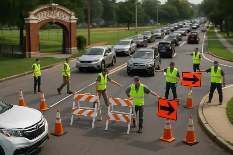 Traffic cones line a closed street near a public field