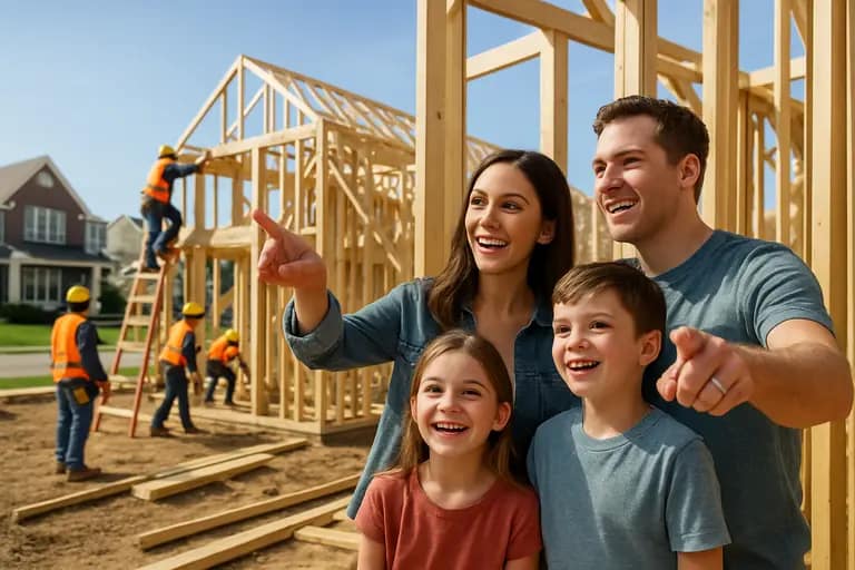 Builder reviewing plans near a small residential lot